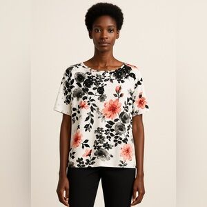 Floral Print Short Sleeve Tunic Top – White, Black & Red